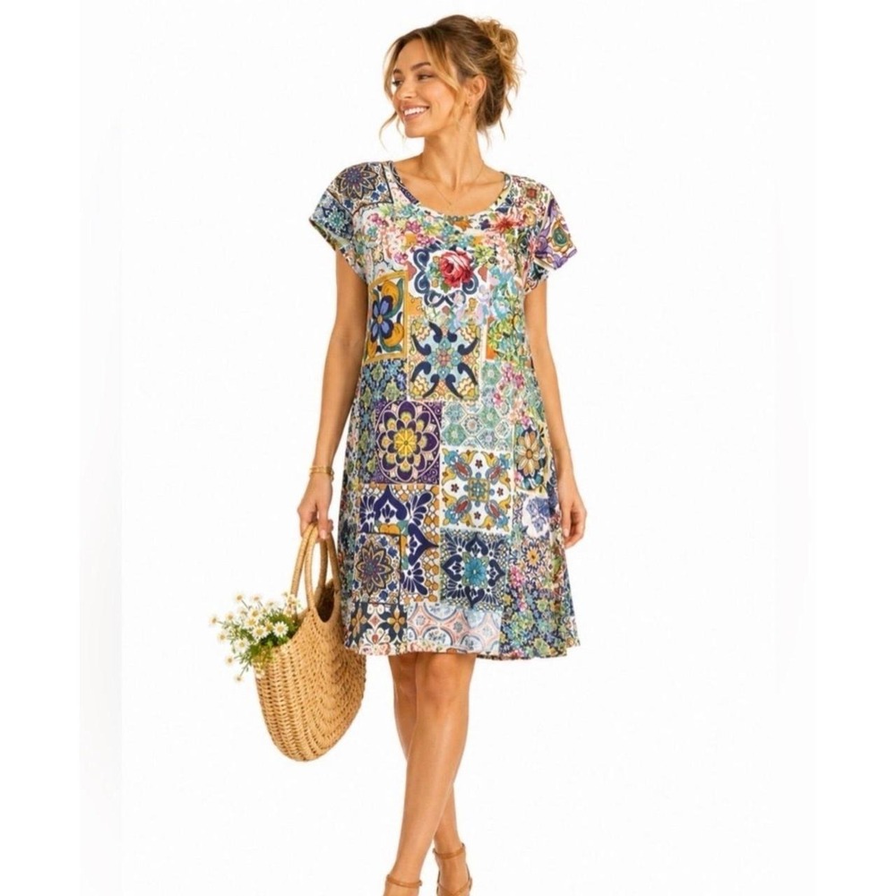 Johnny Was multicolour t-shirt dress vibrant patchwork floral print M